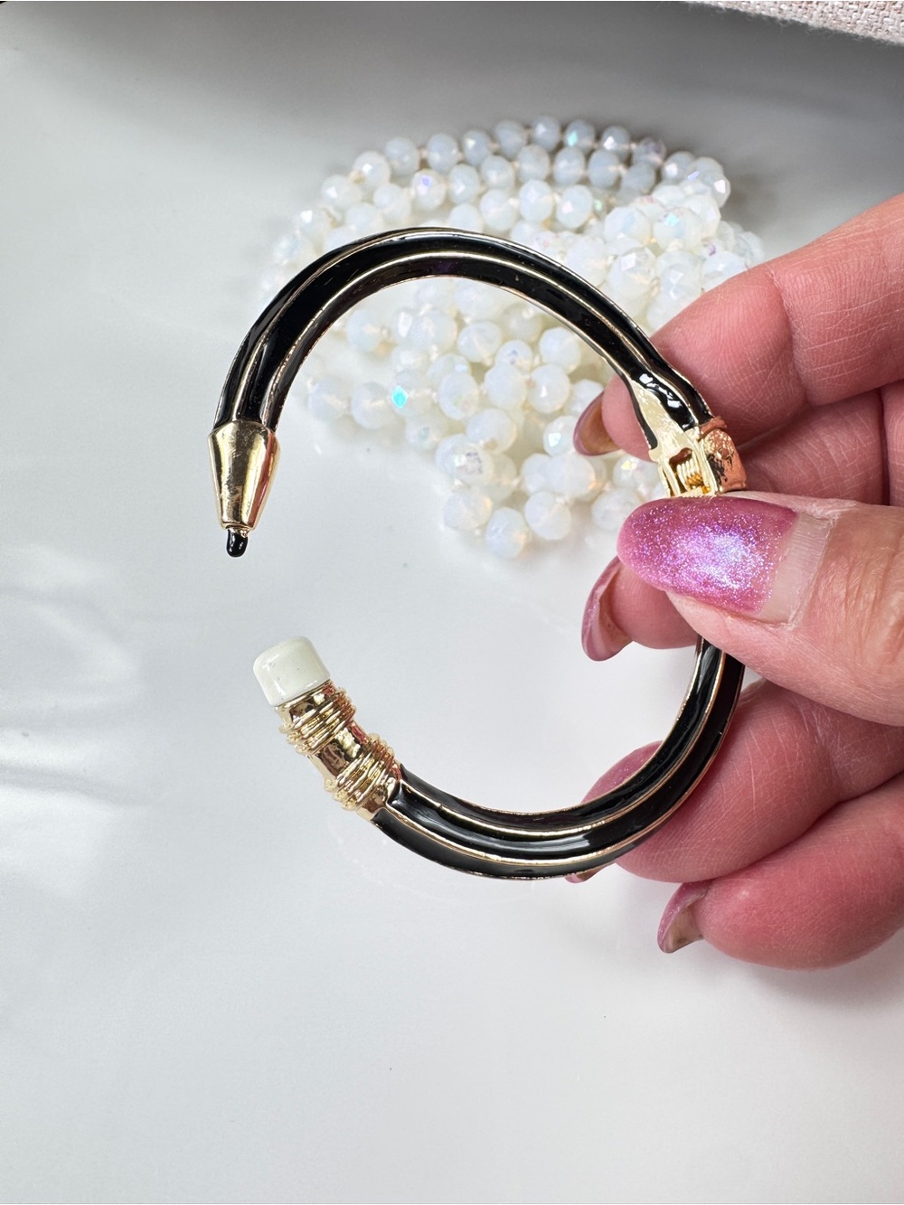 Eraser & Pencil Black and Gold Hinged Bangle Bracelet - Picture 4 of 6
